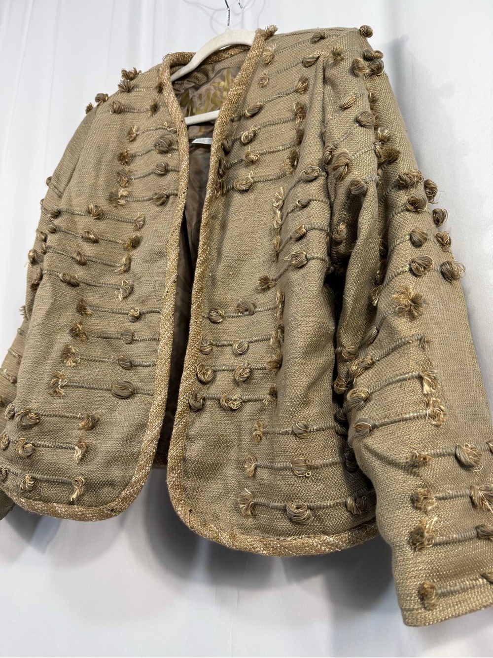 Crystal Handwoven Textured Open Front Jacket Blazer metallic Brown Size Medium